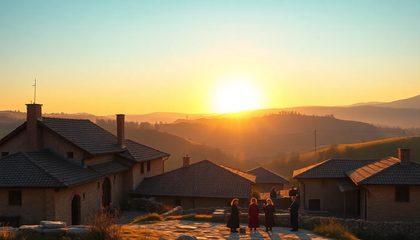 view of Kbalovo village with medieval buildings and rolling hills.