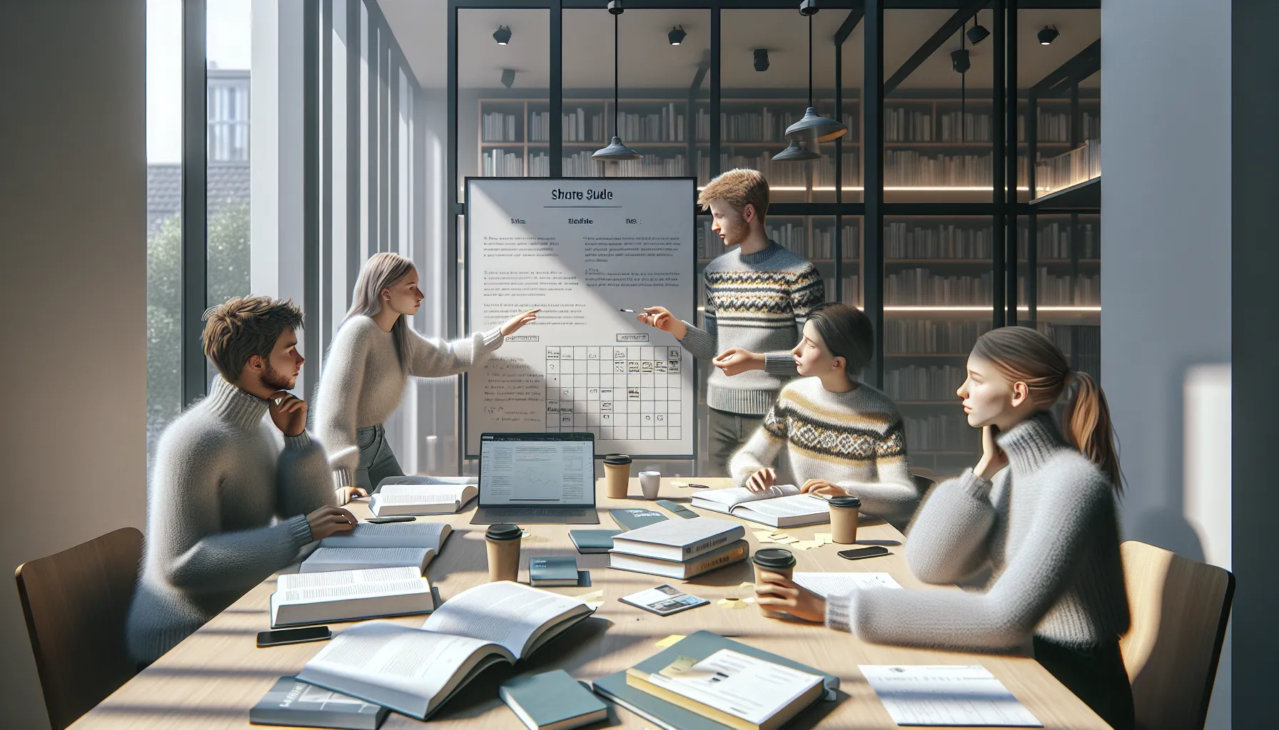 Students in a norwegian study room explaining concepts and sharing notes together.