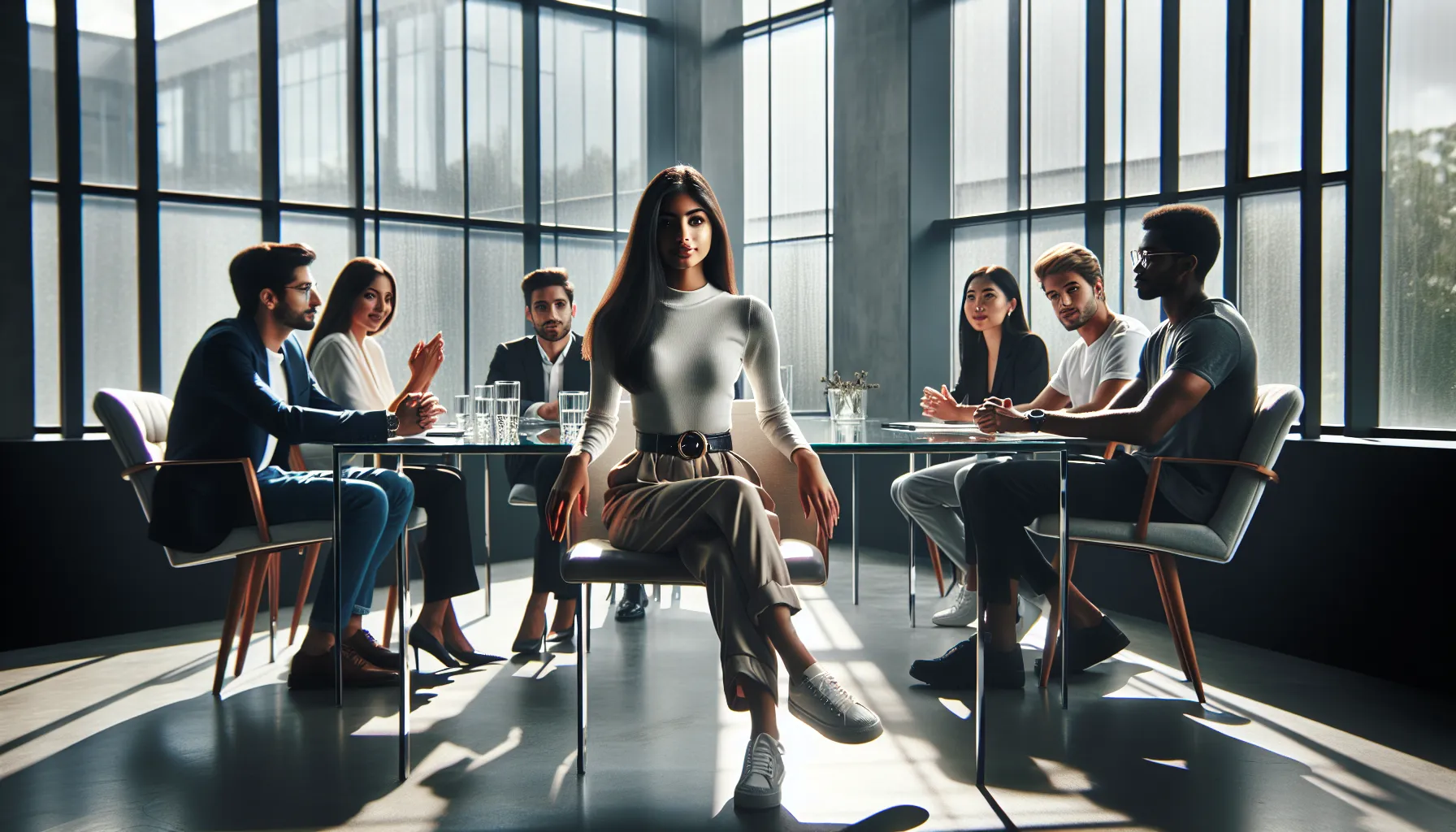 influencer discussing challenges in a modern conference room.