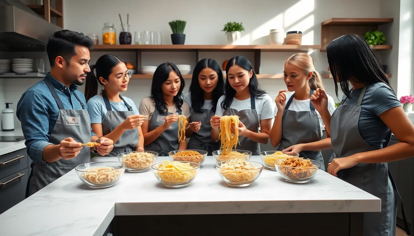 diverse group discussing various noodle types in a modern kitchen.