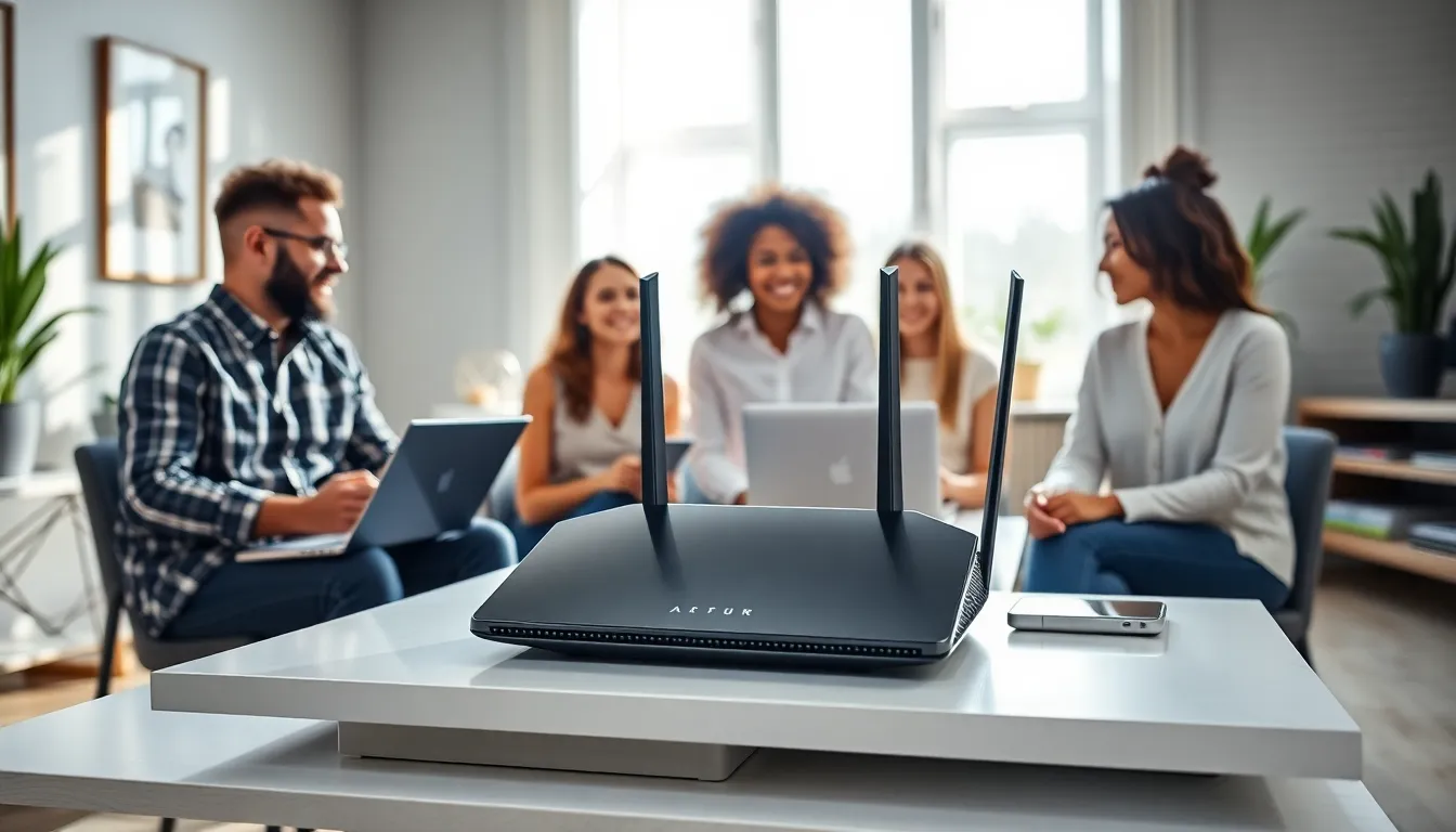 diverse professionals discussing home networking in a modern office.