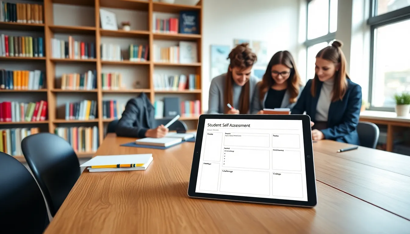 students collaborating on a self-assessment template in a modern workspace.