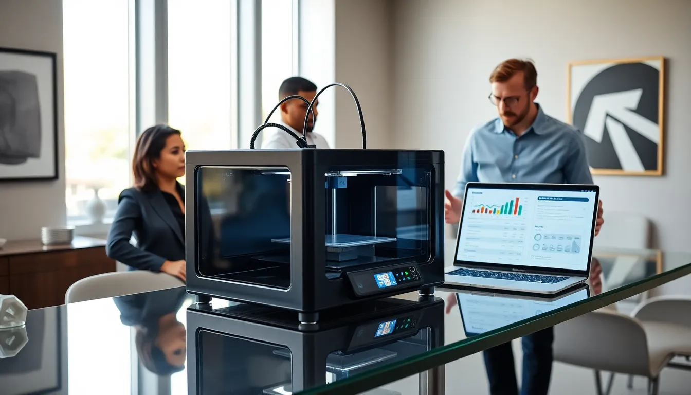 professionals discussing 3D printing costs in a modern office.