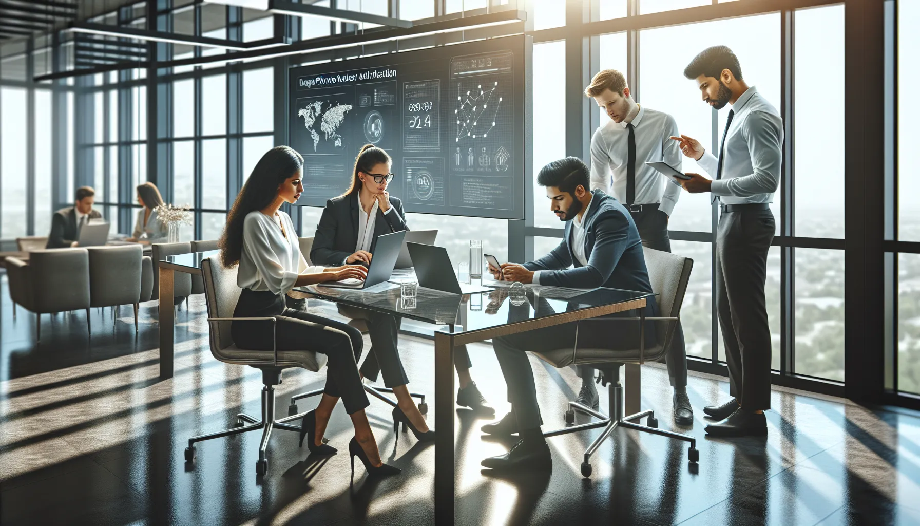 diverse professionals researching number verification in a modern office.