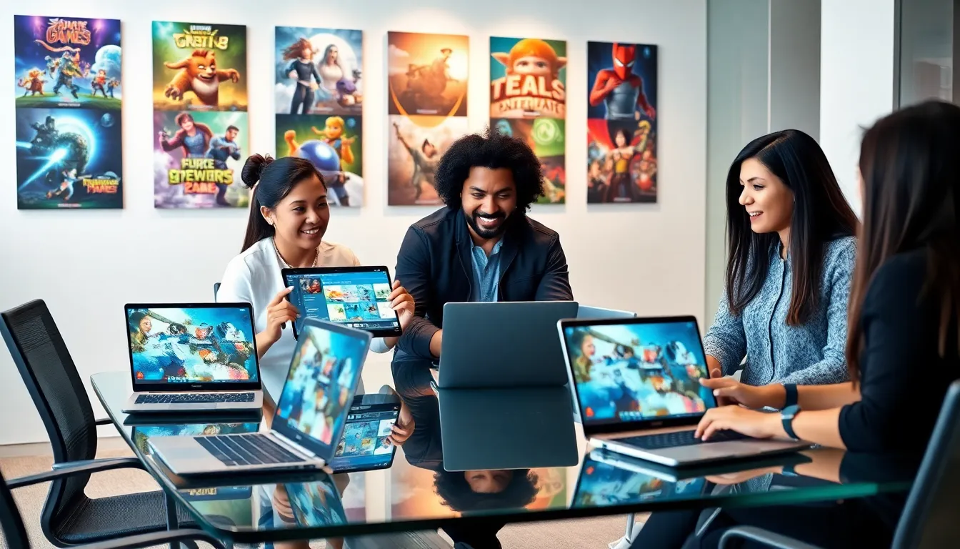 diverse team collaborating in a bright gaming office.
