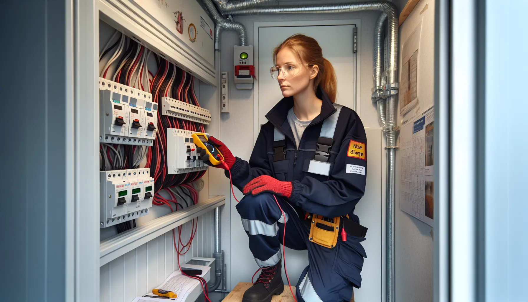 Norwegian electrician tests a labeled consumer unit as installer reviews checklist.