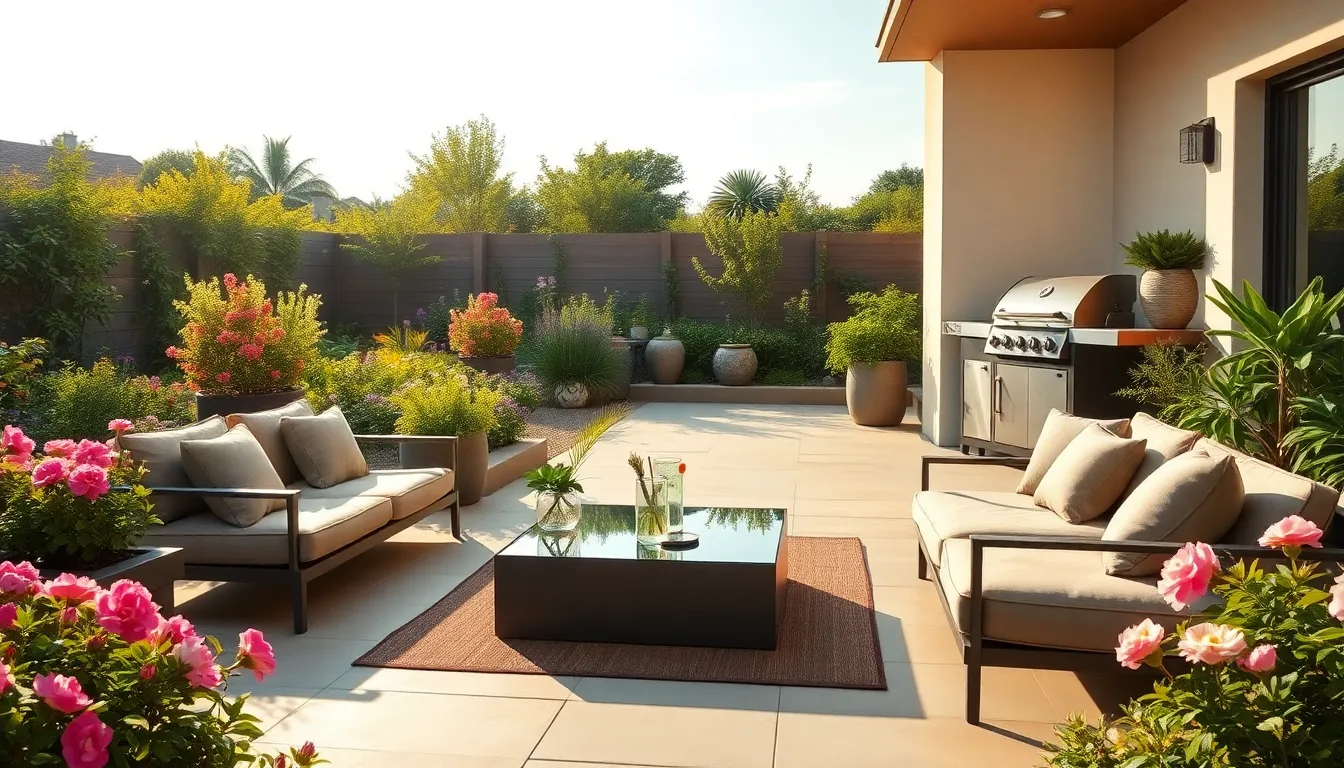 beautiful outdoor living space with cozy seating and vibrant flowers.