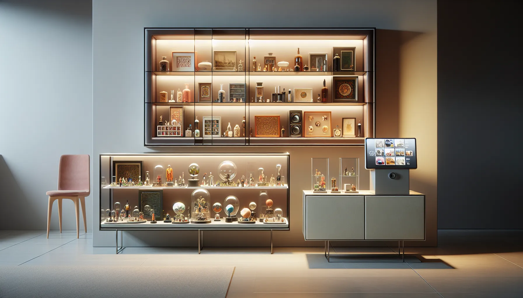 modern living room displaying diverse collectible flpemblemables.