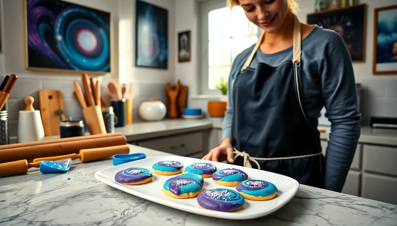 baker decorating colorful nebula-themed cookies in a bright kitchen.