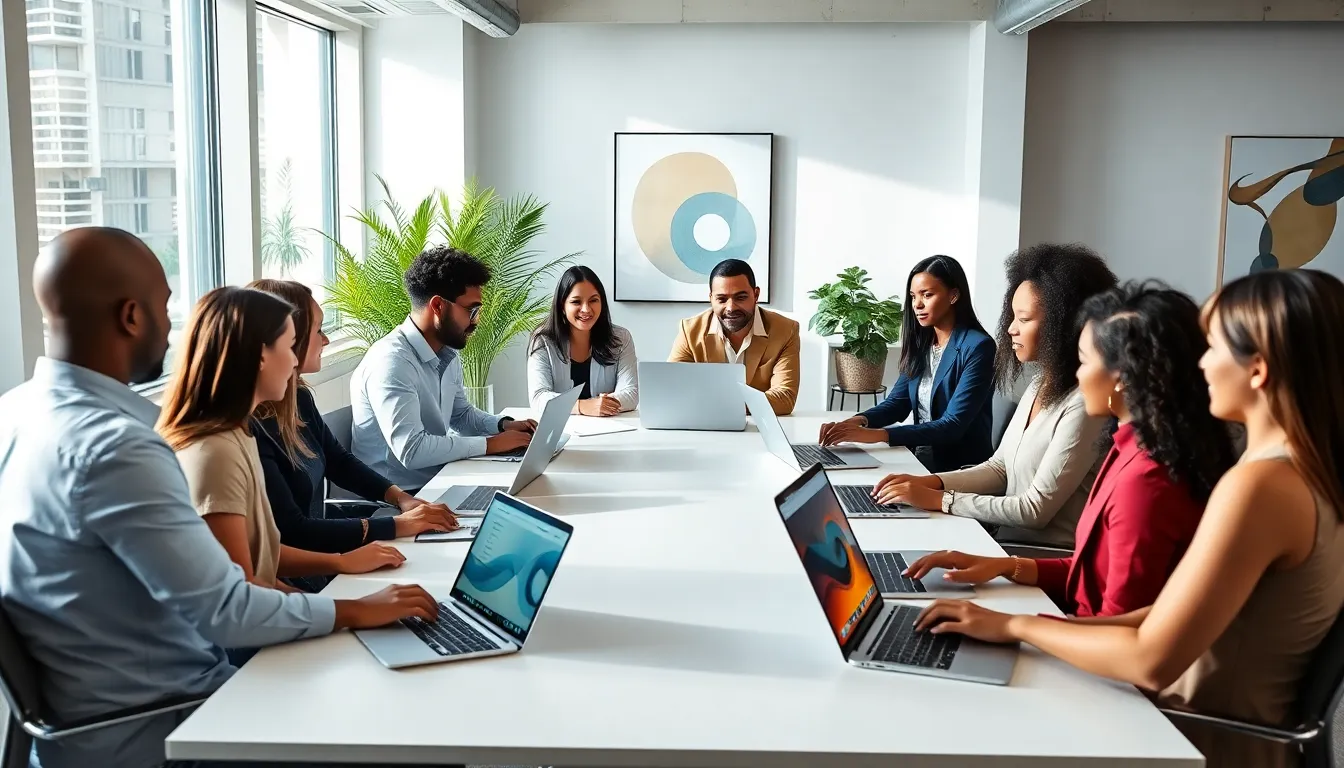 diverse team collaborating around laptops in a modern office.
