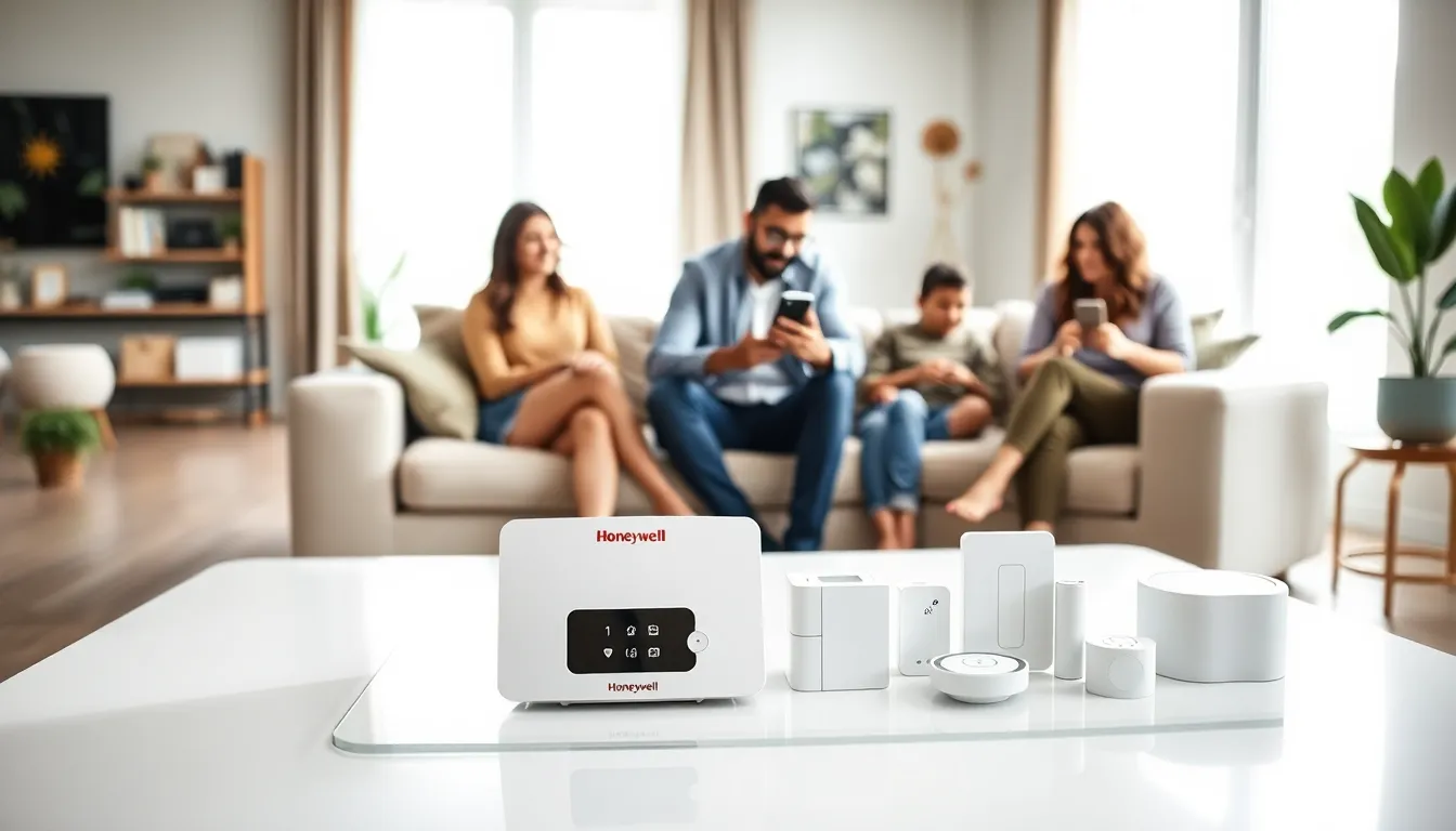 Family engaging with a Honeywell Home Alarm System in a modern living room.