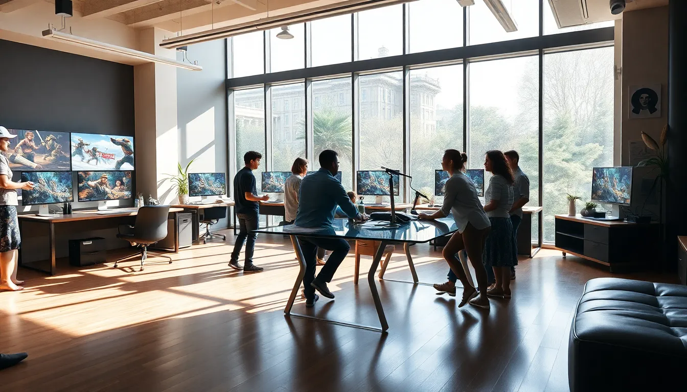 diverse team collaborating in a stylish game development studio.