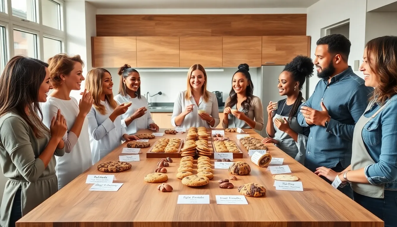 diverse group tasting Cookiesforlove cookies in a modern kitchen.