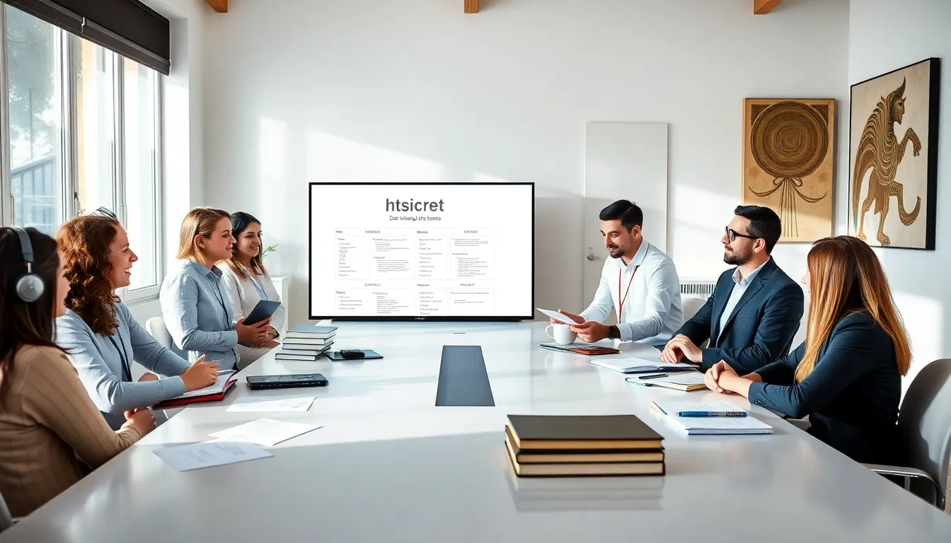 diverse linguists discussing the word 'htsicret' in a modern office.