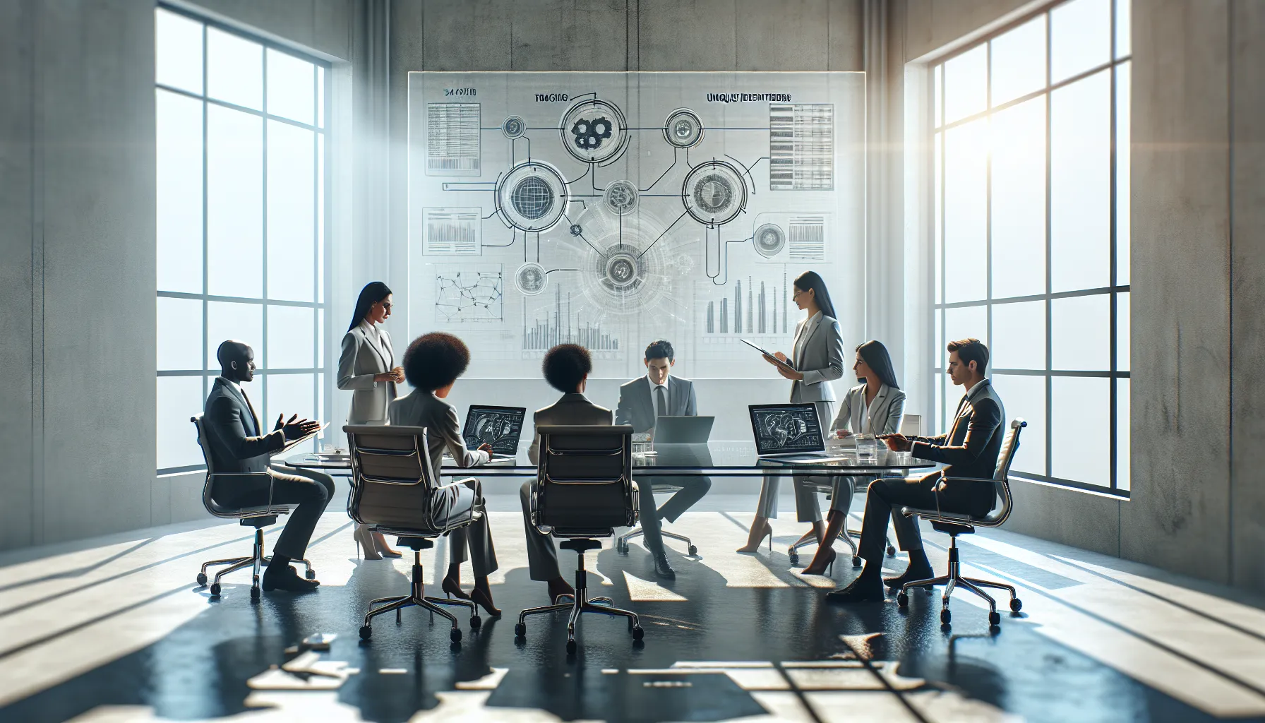 diverse team collaborating in a modern logistics office.