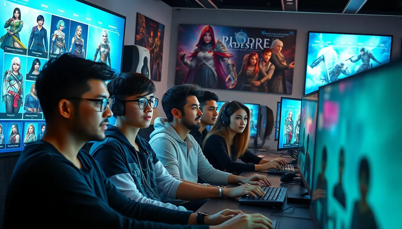 diverse gamers customizing characters in a modern gaming environment.