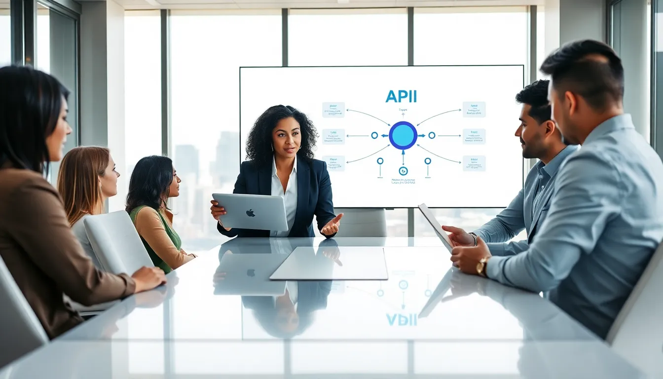 diverse team discussing API integrations in a modern office.