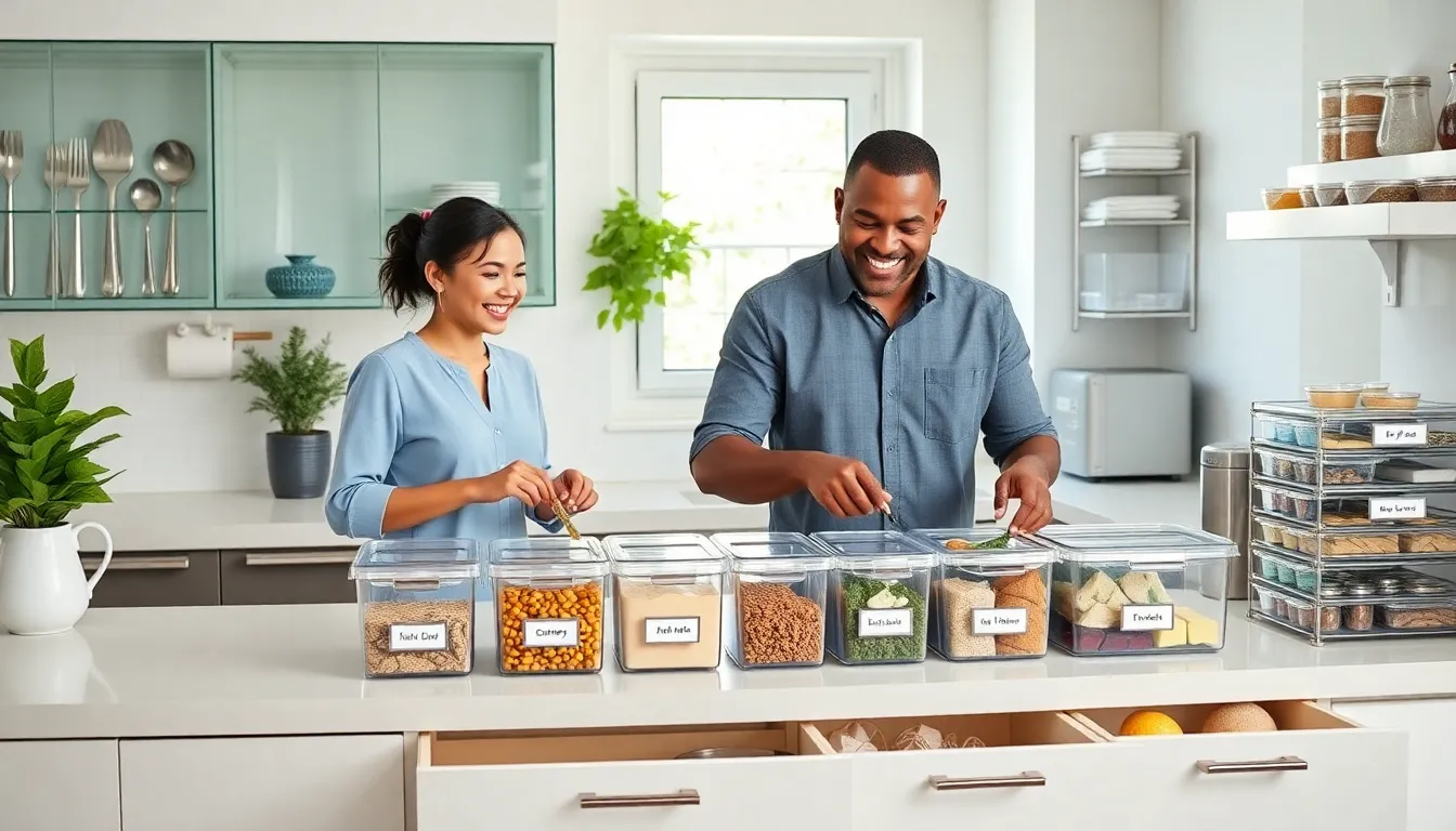 organized kitchen featuring dollar tree storage solutions and diverse team cooking.