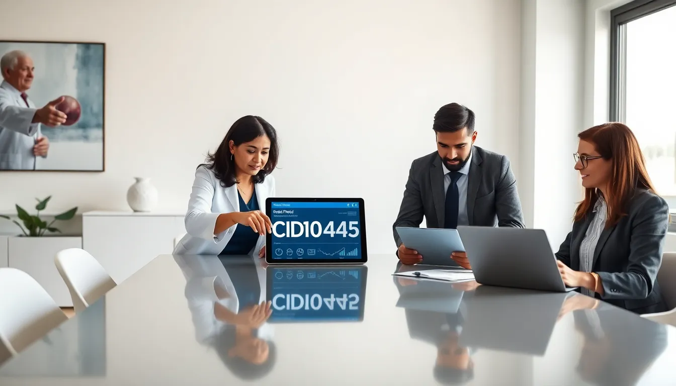 healthcare professionals discussing CID10M545 in a modern office.