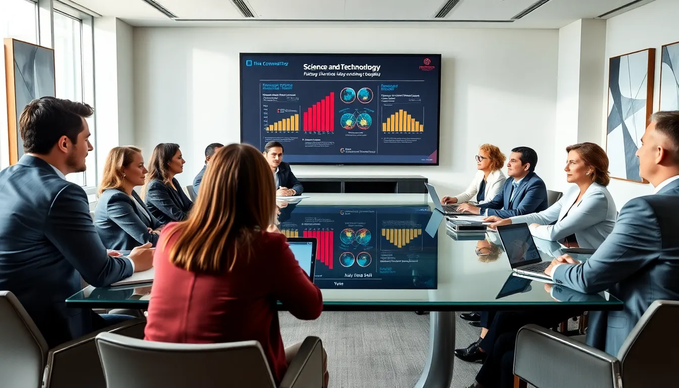 diverse committee discussing science and technology in a modern setting.