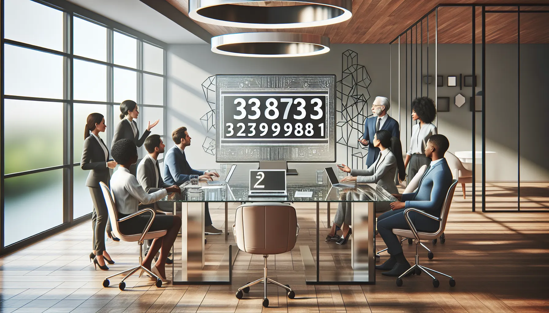 diverse professionals discussing significance of the number 3273989581 in an office.