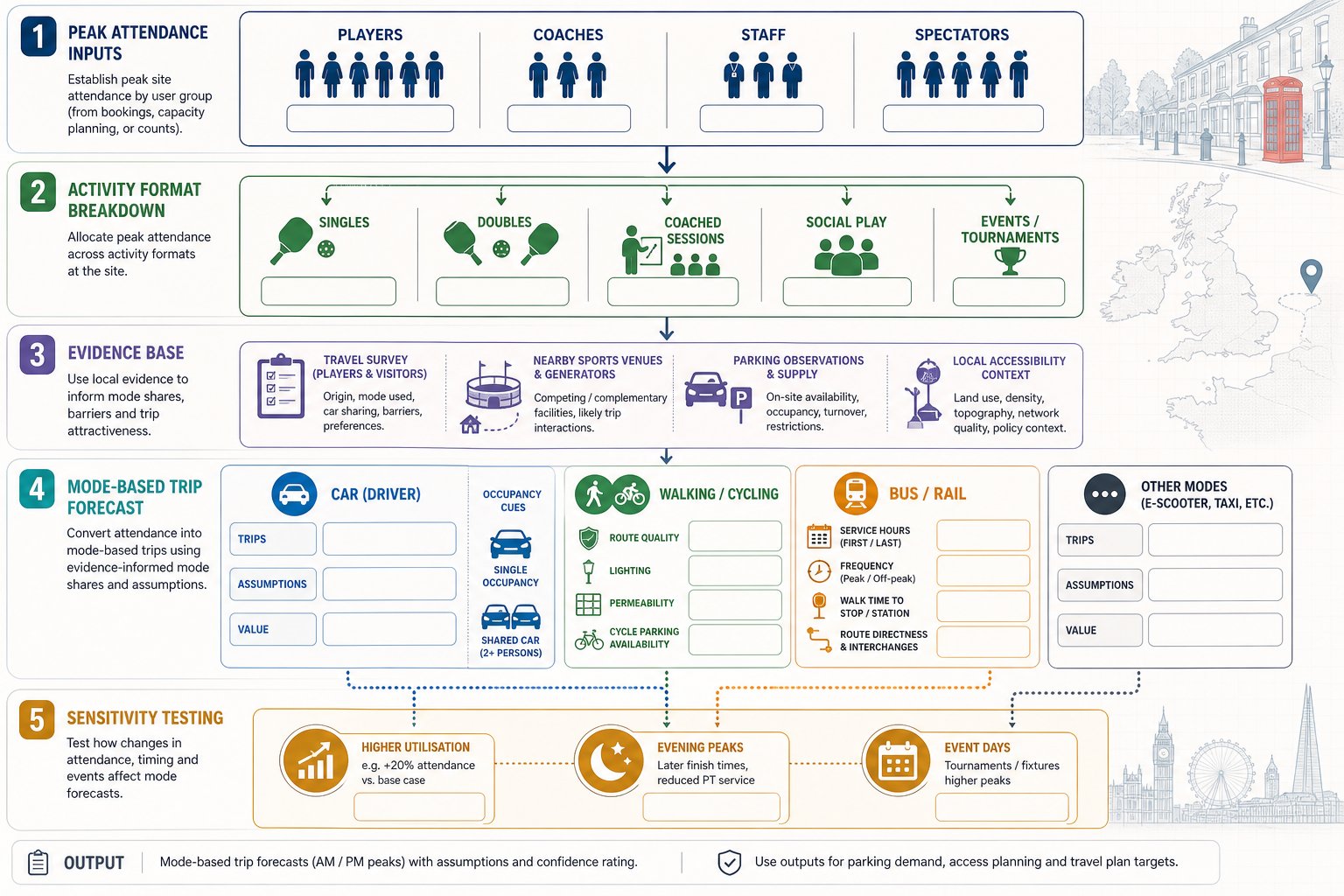 Infographic of pickleball trip forecasting by travel mode and demand scenarios.