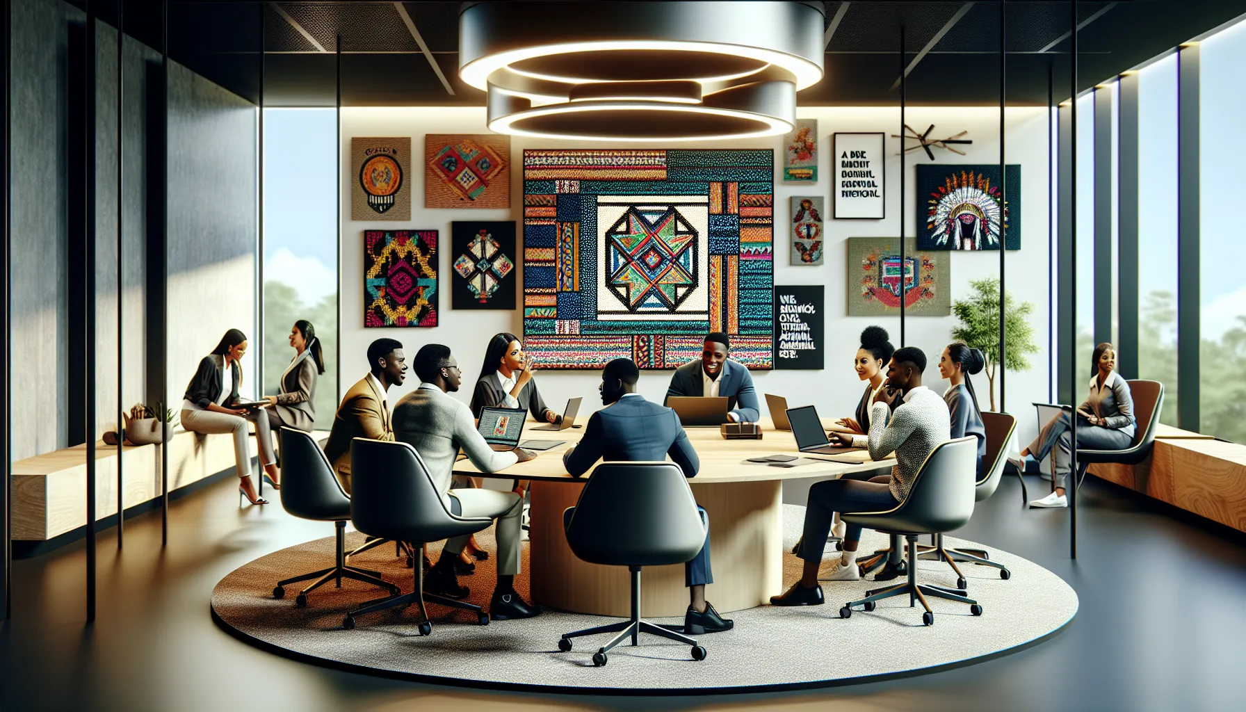 diverse professionals collaborating in a vibrant workspace for 9Jhausa.