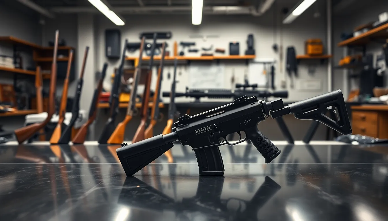 modern firearm displayed against historical firearms in a professional setting.