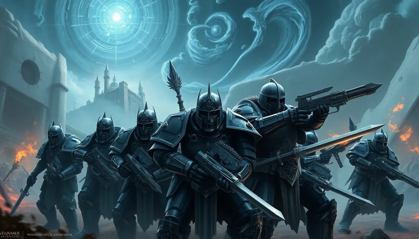 elite warriors engaged in battle against chaotic forces in a dramatic setting.