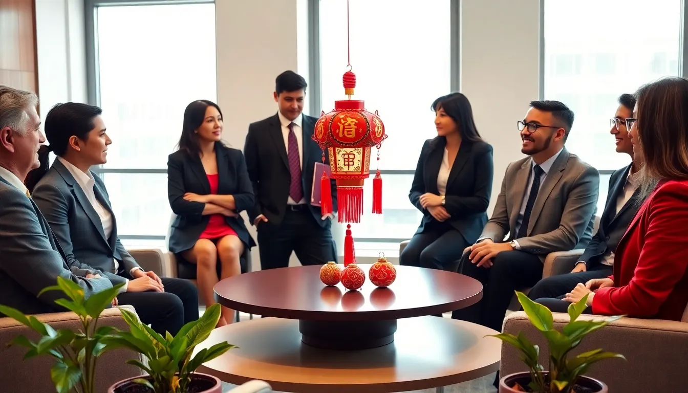 diverse professionals discussing Chinese luck traditions in a modern office.