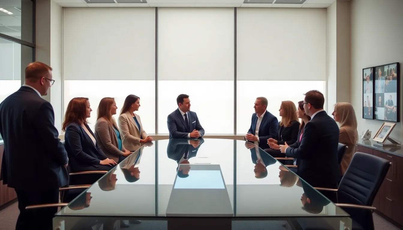 bank professionals collaborating in a modern office setting.