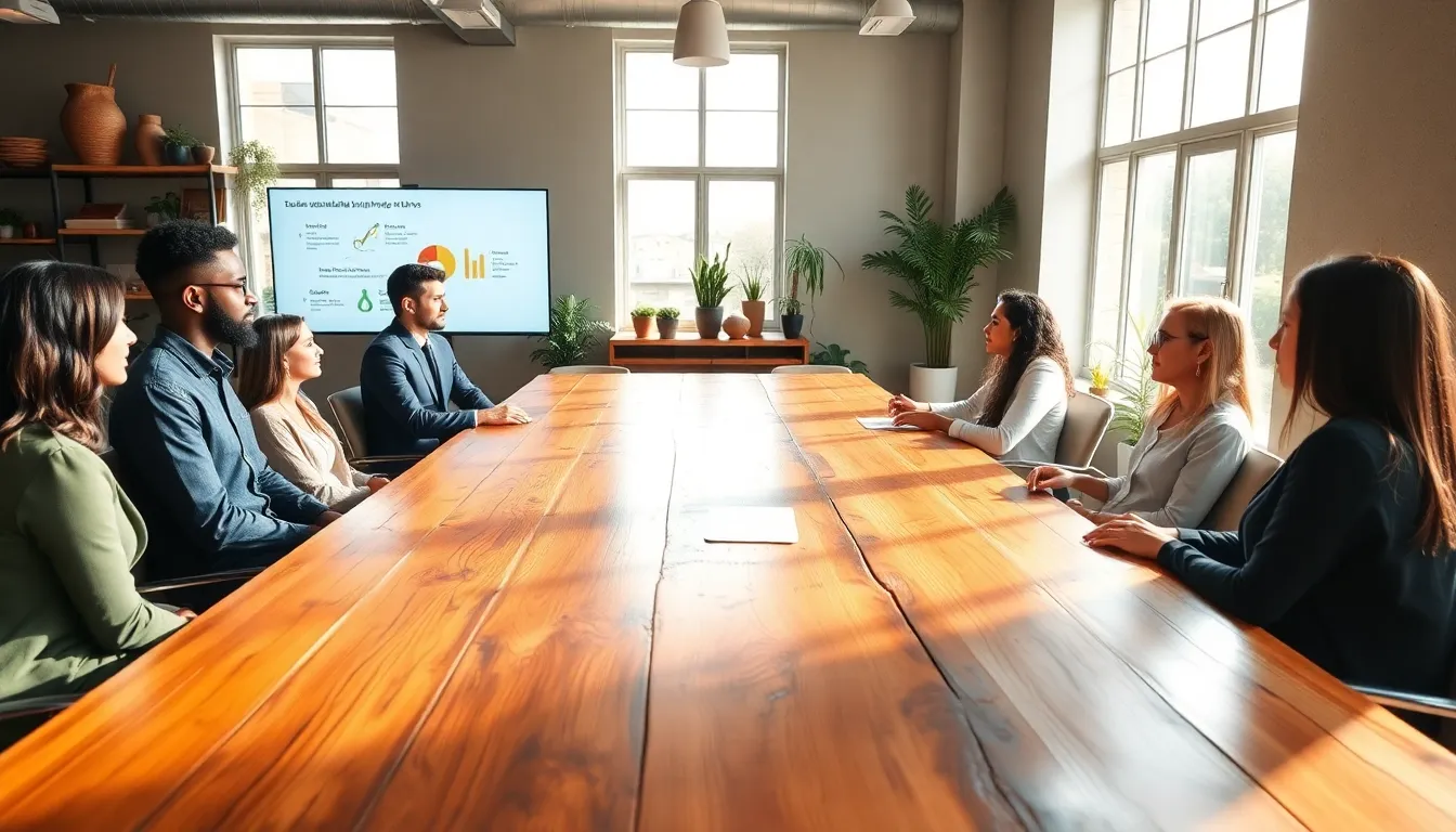 diverse team discussing sustainable living in an eco-friendly office.