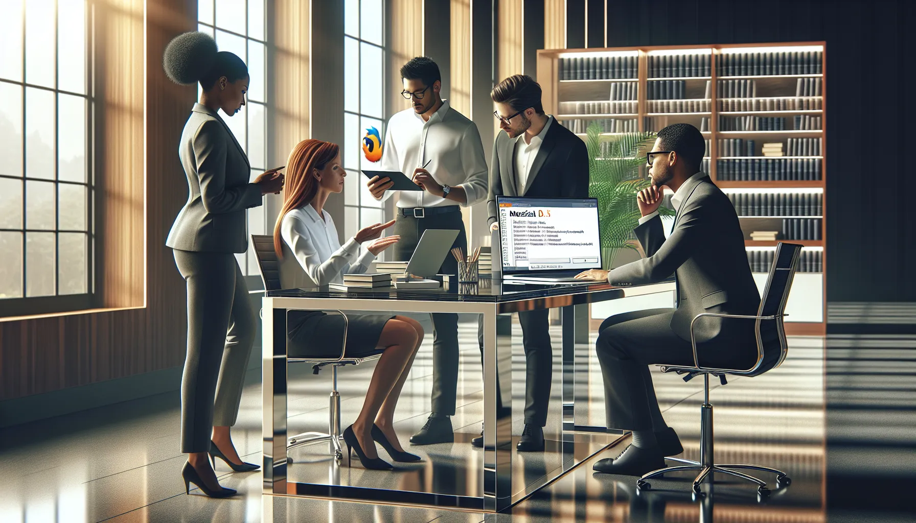 diverse team collaborating on Mozilla D5.2f5 installation in a modern office.