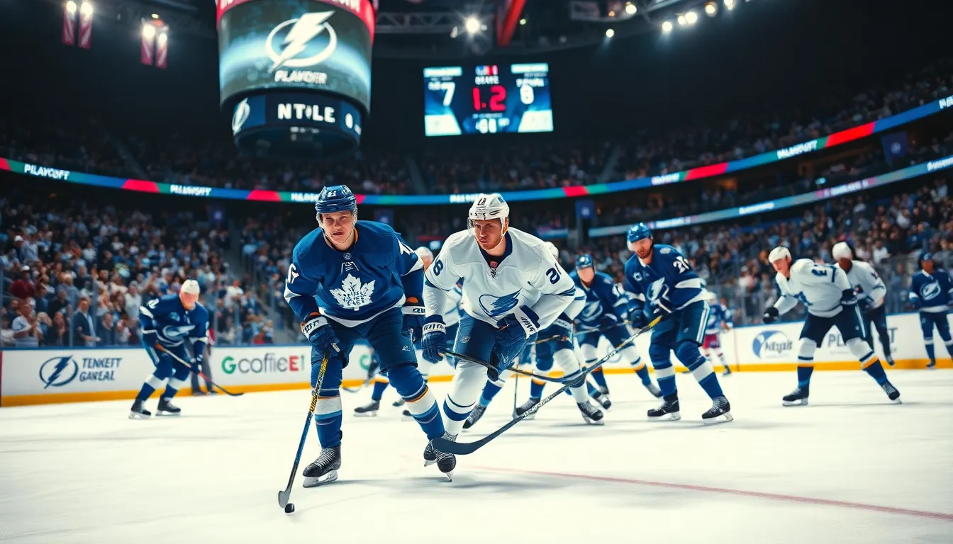 Toronto Maple Leafs player skillfully handles the puck during a tense NHL game.