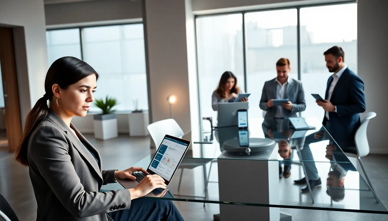 professionals collaborating on software applications in a modern office