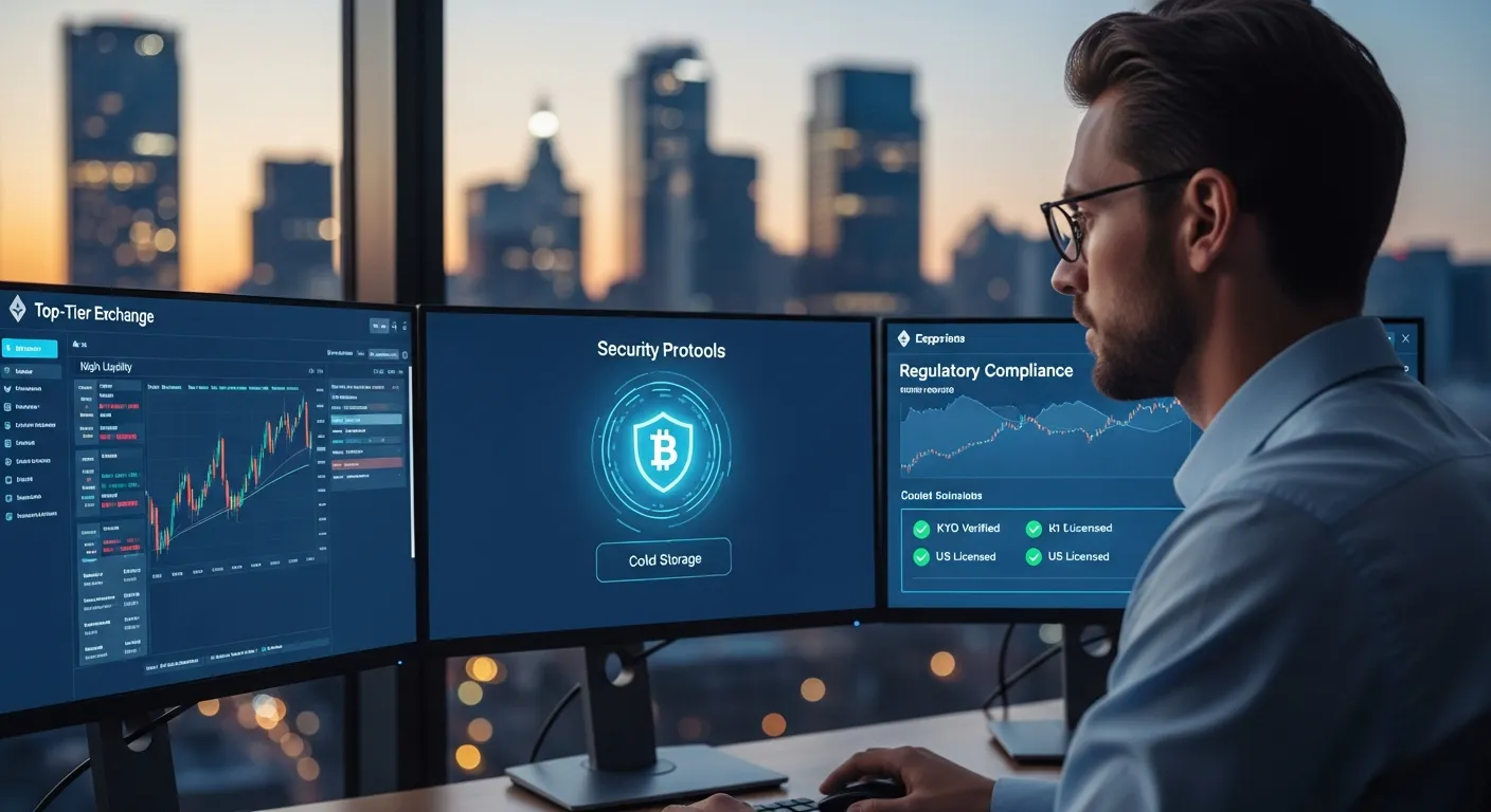 A professional analyst reviewing crypto security and trading charts on multiple screens.