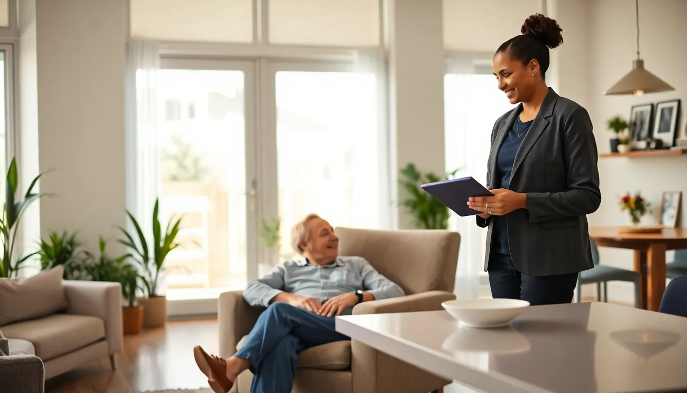 caregiver assisting an elderly person in a modern home setting.