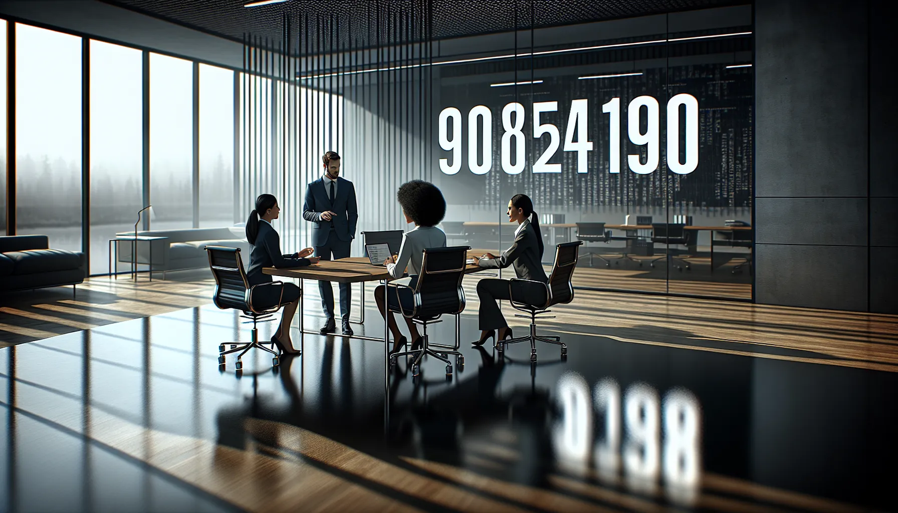 professionals discussing the significance of a number in a modern office.
