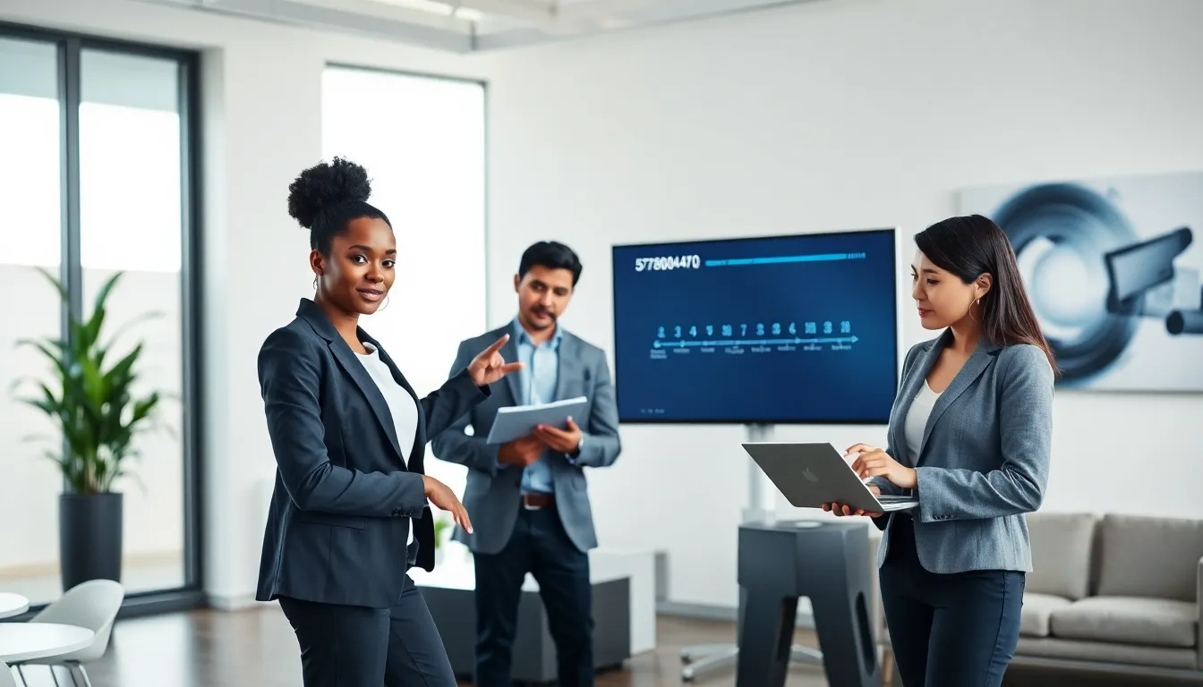 diverse professionals discussing the significance of a historical number in an office.