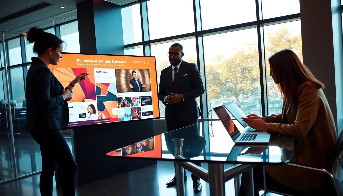diverse team discussing digital magazine designs in a modern office.