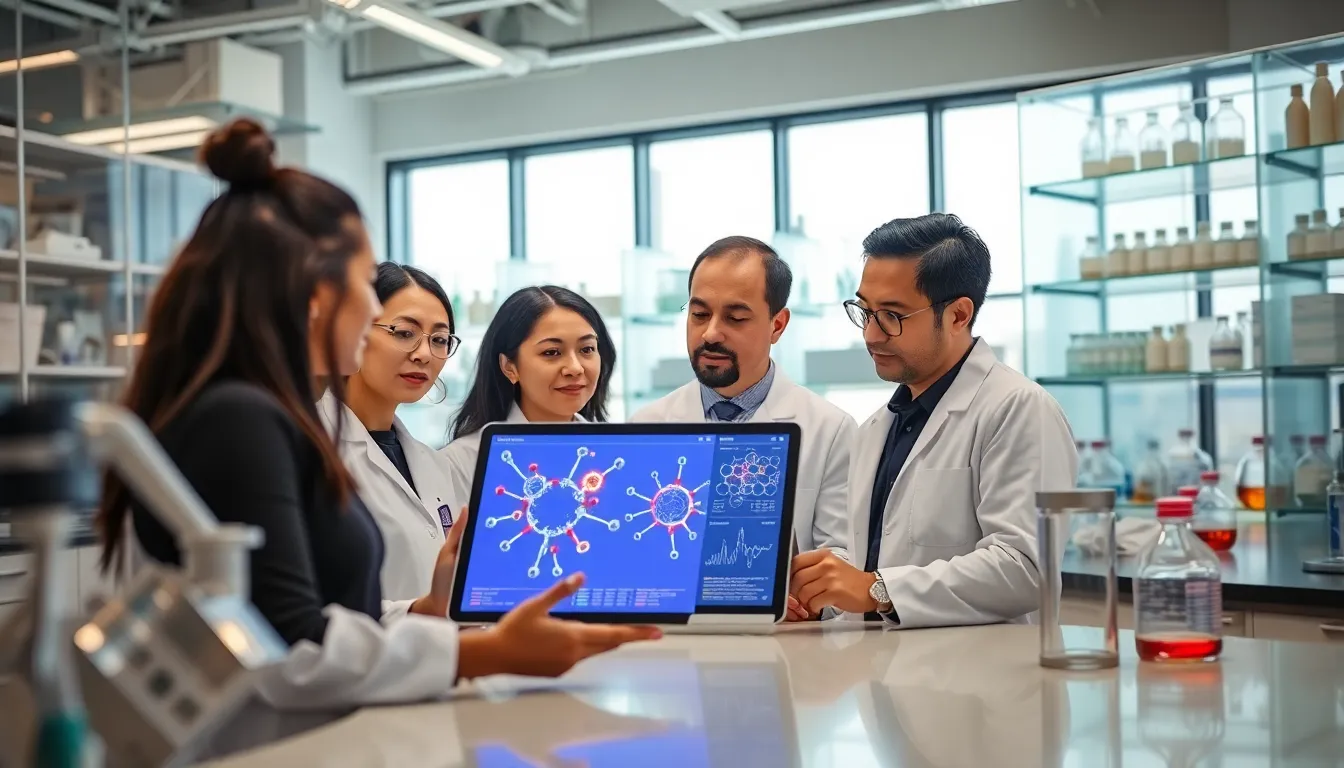 scientists discussing Fe29194773 in a modern laboratory.