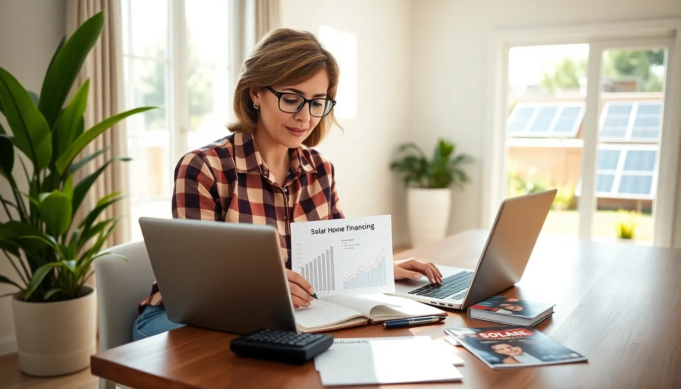 A woman studying solar home financing at her dining table.