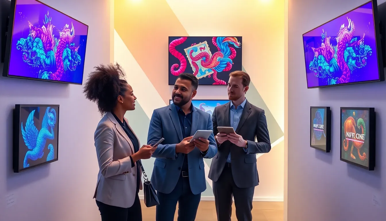diverse professionals discussing NFTs in a modern digital art gallery.