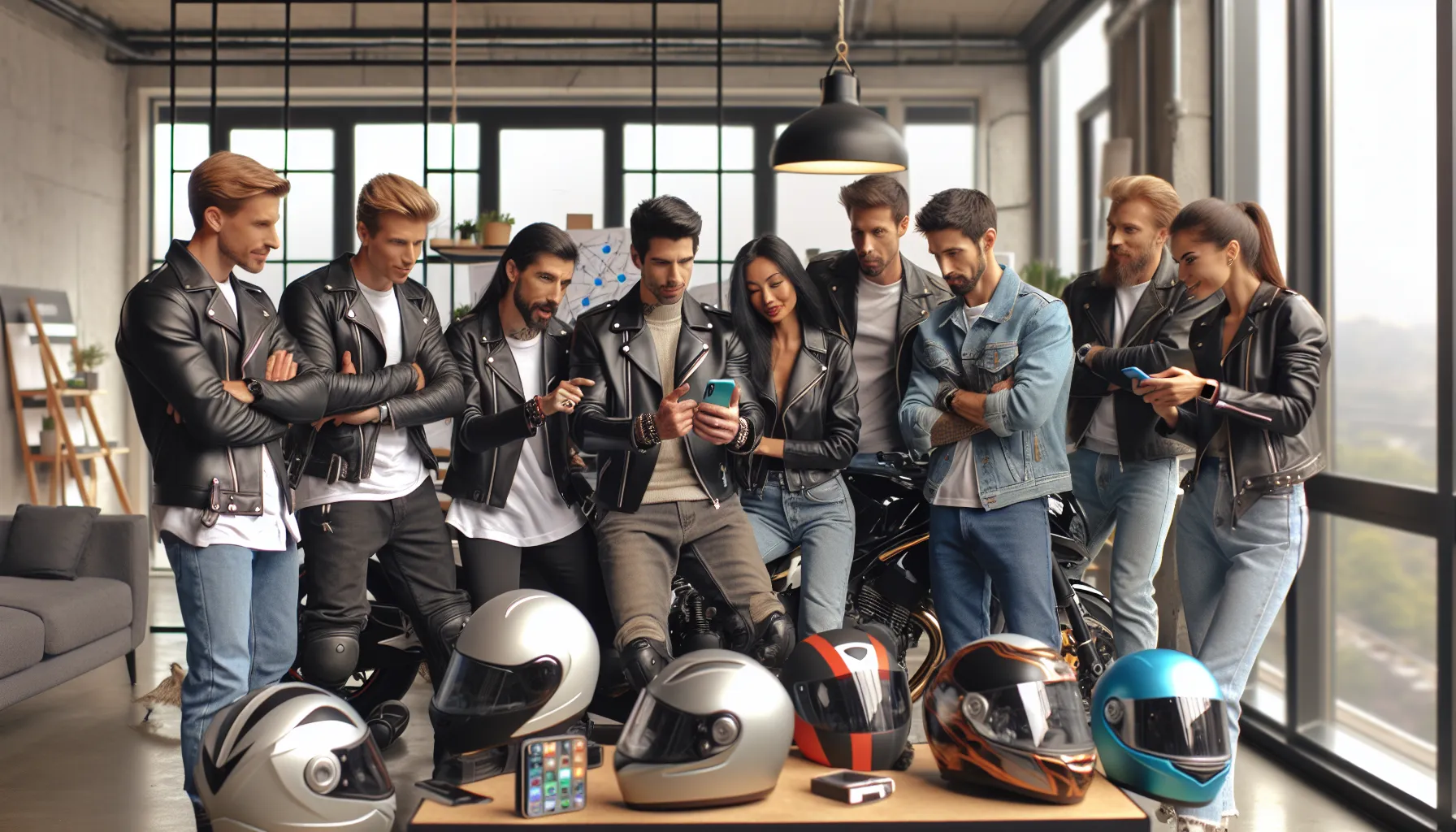 group of riders discussing the HarleySpy3 app in a modern workspace.