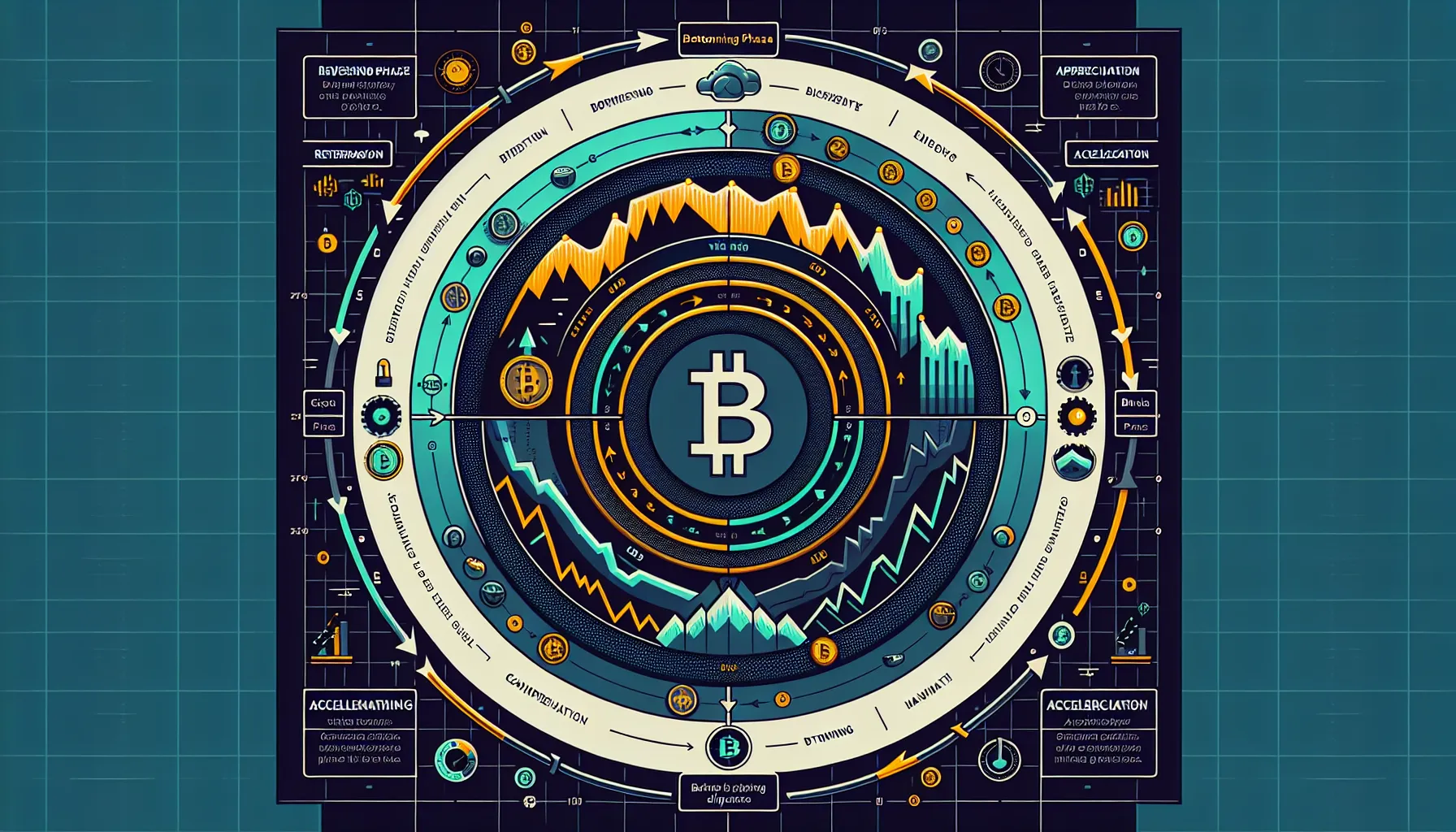 Circular diagram showing the four phases of cryptocurrency market cycles and Bitcoin halving events.