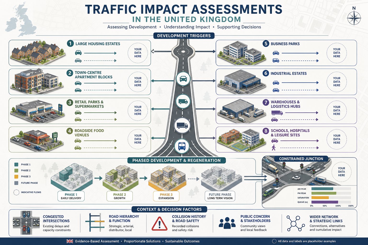 Infographic of development types and local factors triggering traffic impact assessments.
