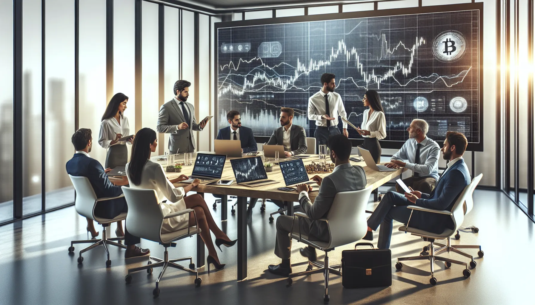 diverse team analyzing cryptocurrency trends in a modern office.