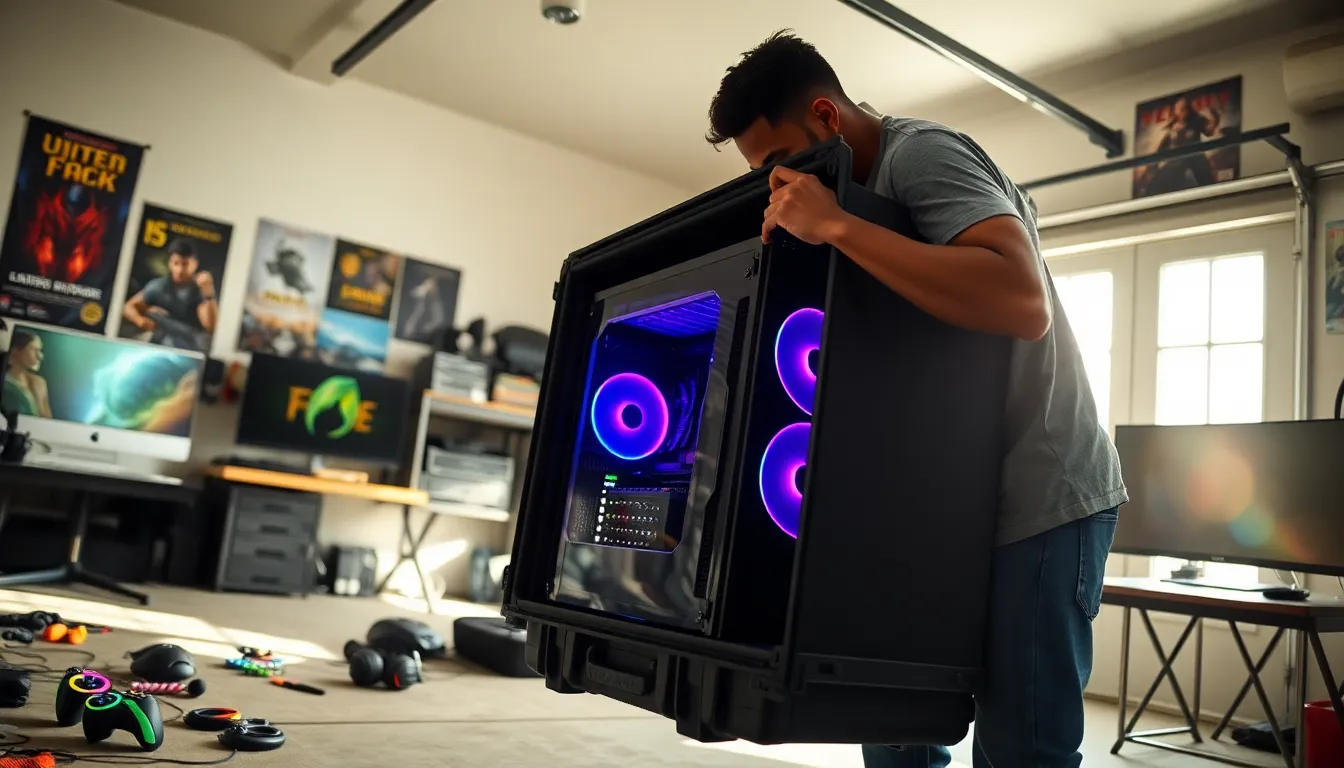 a young man packing a gaming PC into a transport case in a garage
