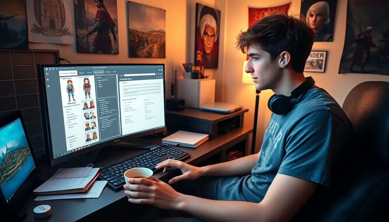 a young man designing characters in CK2Generator software at his desk.