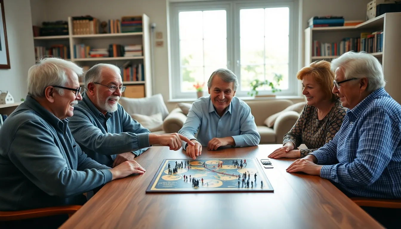 diverse senior group playing a war game in a cozy community room.